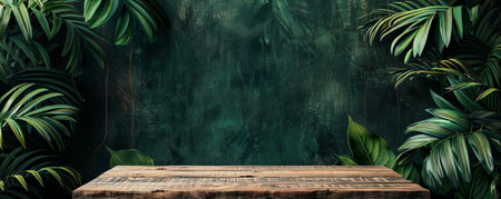 Antique wooden podium with a distressed finish, perfect for presenting premium items, set against a lush green background. The natural color complements the aged wood.の素材