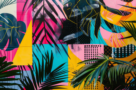 Canvas poster with geometric shapes in vibrant tropical colors, featuring dynamic patterns and lively designs in an exotic wallpaper styleの素材