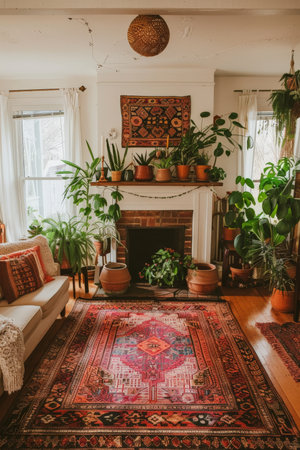 Cozy Scandi-boho living room featuring a fireplace, layered rugs, and an assortment of potted plants for a warm, inviting feelの素材