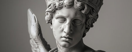 Detailed monochrome sculpture of Hermes, the Greek god, with a cunning and lively expression, his face framed by winged helmet.の素材