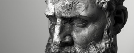 Detailed monochrome sculpture of Hephaestus, the Greek god, with a rugged and hardworking expression, his face marked by soot.の素材