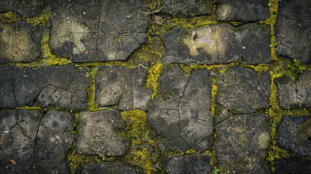 Grunge background of an old, weathered brick pathway with cracks, moss, and urban decay.の素材