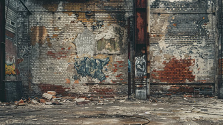 Grunge background showing a decaying, abandoned urban structure with exposed bricks, graffiti, and debris.の素材