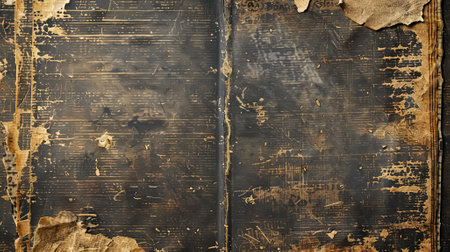 Grunge background of an old, torn-up book cover with frayed edges, stains, and faded text.の素材