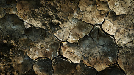 Grunge background with a textured, cracked mud surface, featuring patches of dry soil and urban decay.の素材