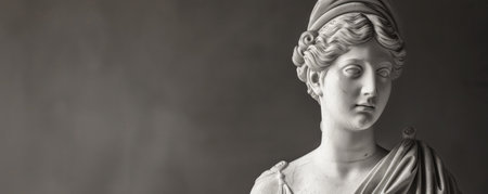 Monochrome sculpture of Hestia, the Greek goddess, with a warm and serene expression, emphasizing her role as the hearthkeeper.の素材