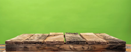 Old wooden podium with a rustic finish, perfect for presenting quality goods, set against a bright lime green background. The bold color highlights the wood's natural beauty.の素材