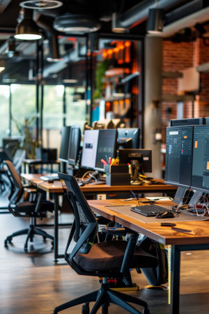 High-tech coworking office with modern amenities, sleek desks, and innovative design elements to support tech-savvy professionalsの素材