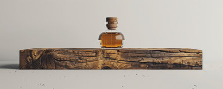 Old wooden podium with a rustic texture, perfect for displaying a vintage perfume bottle, set against a clean white background. The natural wood grain adds a touch of elegance to the presentation.の素材