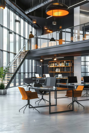 Modern office coworking interior with open spaces, sleek desks, and collaborative seating areas, designed for productivity and creativityの素材