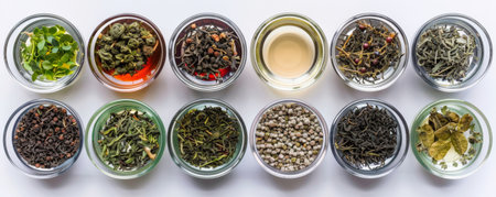 Overhead top down view of a collection of different types of tea leaves displayed in small, clear containers. The assortment includes green, black, and herbal teas, each variety highlighting its unique aroma and appearance.の素材