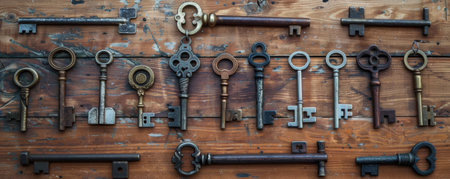 Overhead top down view of a collection of different types of keys displayed on an antique wooden table. The keys vary in design and patina, each one telling a story of its past use.の素材