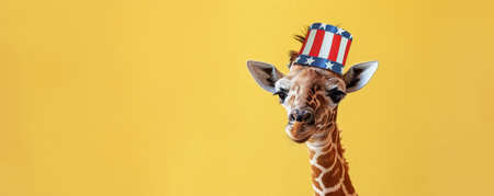 Portrait of a sweet baby giraffe in a stars and stripes hat on a sunny yellow background. The giraffe's long neck and the patriotic hat make for a charming and cheerful scene.の素材