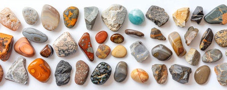 Overhead top down view of a collection of different types of stones arranged in a circular pattern on a white background. The assortment includes smooth, rough, and polished stones, each piece highlighting its unique texture and appearance.の素材