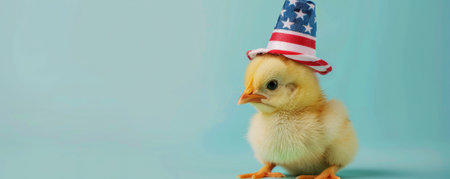 Portrait of a cute baby chick wearing a stars and stripes hat on a pastel blue background. The chick's tiny beak and the colorful hat create an adorable and patriotic image.の素材