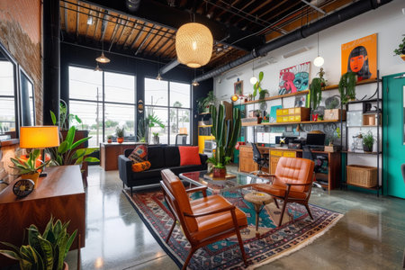 Retro-inspired coworking office with vintage furniture, bold colors, and nostalgic decor for a fun and creative workspaceの素材