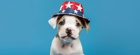 Portrait of a cute puppy wearing a stars and stripes hat on a bright blue background. The puppy's playful expression and the patriotic hat create a charming and cheerful image.の素材