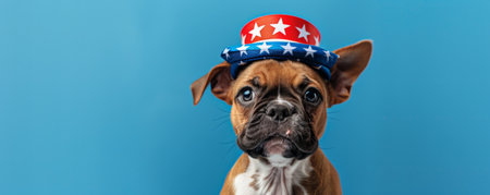 Portrait of a cute puppy wearing a stars and stripes hat on a bright blue background. The puppy's playful expression and the patriotic hat create a charming and cheerful image.の素材