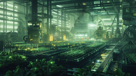 Sci Fi Grunge Modern Clean background depicting a high-tech farming facility, with advanced agricultural machinery, glowing crops, and a mix of clean and natural elements.の素材