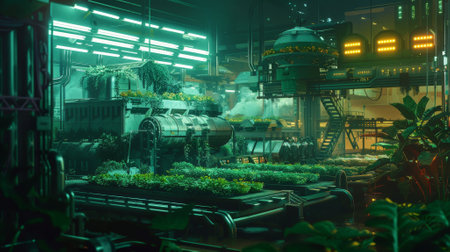 Sci Fi Grunge Modern Clean background depicting a high-tech farming facility, with advanced agricultural machinery, glowing crops, and a mix of clean and natural elements.の素材