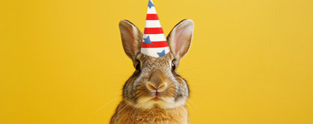 Portrait of a sweet bunny wearing a stars and stripes hat on a sunny yellow background. The bunny's fluffy fur and the patriotic hat create a heartwarming and cheerful image.の素材