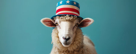 Portrait of a fluffy sheep in a stars and stripes hat on a turquoise background. The sheep's gentle expression and the patriotic hat make for a heartwarming and cheerful scene.の素材