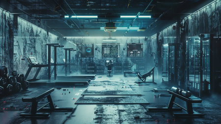 Sci Fi Grunge Modern Clean background depicting a high-tech training facility, with sleek exercise equipment, digital displays, and a mix of clean and gritty textures.の素材