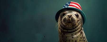 Portrait of a playful baby seal in a stars and stripes hat on a deep green background. The seal's flippers and the patriotic hat make for a charming and festive scene.の素材