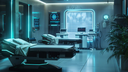 Sci Fi Grunge Modern Clean background of a high-tech veterinary clinic, with sleek examination tables, glowing diagnostic equipment, and a mix of clean and natural elements.の素材
