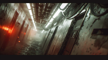 Sci Fi Grunge Modern Clean background of an abandoned space station corridor, with exposed wires, flickering lights, and a mix of clean and deteriorating elements.の素材