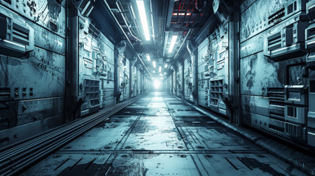 Sci Fi Grunge Modern Clean background of an abandoned space station corridor, with exposed wires, flickering lights, and a mix of clean and deteriorating elements.の素材