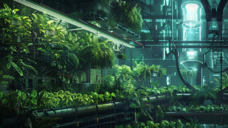 Sci Fi Grunge Modern Clean background featuring a futuristic agricultural facility, with sleek hydroponic systems, glowing grow lights, and a mix of clean and natural elements.の素材