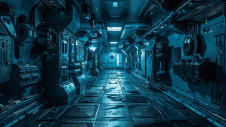 Sci Fi Grunge Modern Clean background of a futuristic military base, with sleek metallic walls, advanced weaponry, and a mix of clean and worn surfaces.の素材