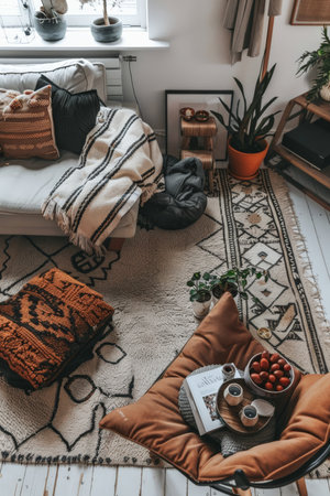 Sophisticated Scandi-boho living room with a focus on clean lines, earthy colors, and bohemian accessories to add warmth and characterの素材