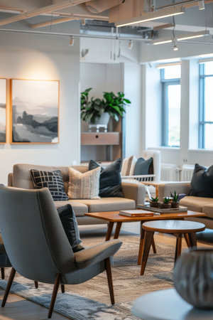 Sophisticated coworking space with elegant furniture, muted tones, and stylish decor to create a professional yet welcoming environmentの素材