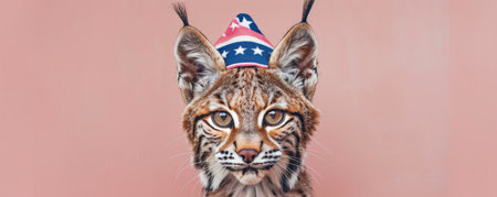 Portrait of a playful baby lynx in a stars and stripes hat on a pastel pink background. The lynx's tufty ears and the colorful hat make for a charming and festive scene.の素材