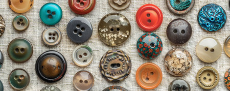 Overhead top down view of a collection of different types of buttons arranged on a fabric surface. The assortment includes various colors, sizes, and designs, each button highlighting its unique appearance and texture.の素材