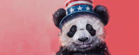 Portrait of a sweet baby panda in a stars and stripes hat on a pastel pink background. The panda's playful expression and the patriotic hat make for a delightful and festive scene.の素材