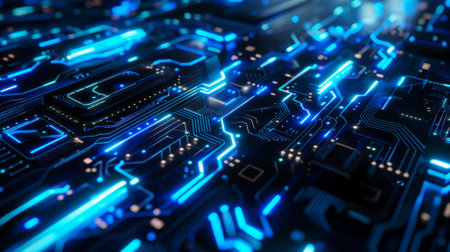 Sci Fi Grunge Modern Clean background featuring a metallic surface with intricate circuitry patterns and glowing neon blue lines.の素材