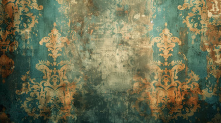 Grunge background with a worn-out, vintage wallpaper pattern featuring faded colors, stains, and peeling edges.の素材