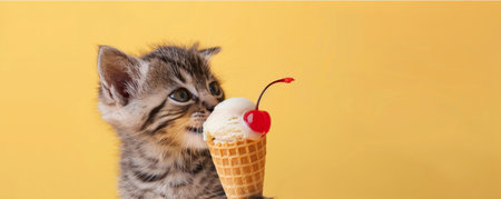 An adorable kitten licking a vanilla ice cream cone with a cherry on top, set against a pastel yellow backdrop. The kitten's fur is soft, and the ice cream looks delicious.の素材