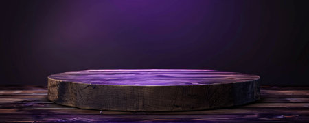 Elegant old wooden podium with a smooth finish, suitable for showing high-end products, set against a rich purple background. The luxurious color emphasizes the product's sophistication.の素材