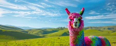 A whimsical alpaca with wool in bright and bold colors like neon pink, electric blue, and lime green, set against a backdrop of rolling green hills. The striking colors of the wool make the alpaca a focal point in the scene.の素材