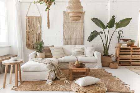 Bright Scandi-boho living room with white walls, natural wood accents, and boho-chic decor like woven baskets and potted plantsの素材