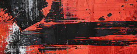 An artistic texture on a wall featuring abstract brushstrokes in red and black, creating a bold and striking visual effect.の素材