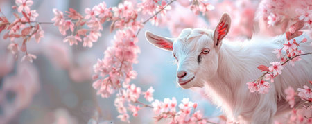 An adorable goat with wool in soft pastel colors such as baby blue, pale pink, and light yellow, standing near a blooming cherry blossom tree. The gentle wool colors complement the delicate beauty of the blossoms.の素材
