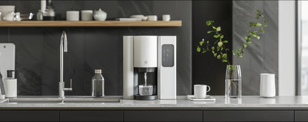 A smart home water filtration unit, integrated with a digital display and touch controls, providing fresh, clean water instantly.の素材