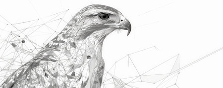 A polygonal wireframe of a perched hawk, featuring intricate lines and points that create a dynamic and tech-inspired representation.の素材