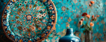 A traditional Persian mosaic wall showcasing complex floral designs and arabesques in a harmonious blend of turquoise, cobalt blue, and earthy tones. The delicate artistry and cultural richness are highlighted.の素材