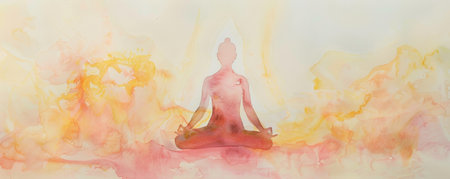 A tranquil watercolor showing a figure in lotus pose, surrounded by a gentle, abstract aura of light pinks and yellows, symbolizing inner peace.の素材